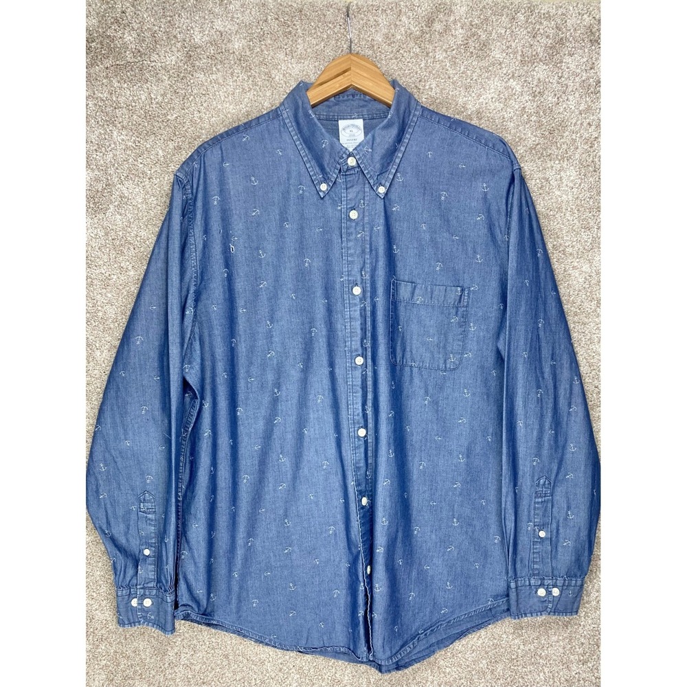 Brooks Brothers Anchor Print Denim Button Down Shirt Mens XL Blue Resort Preppy